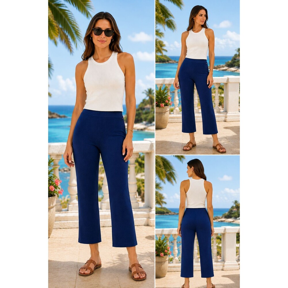 St. John Sport Blue Knit Wide Leg Pants Size Large Wool Blend Timeless Relaxed